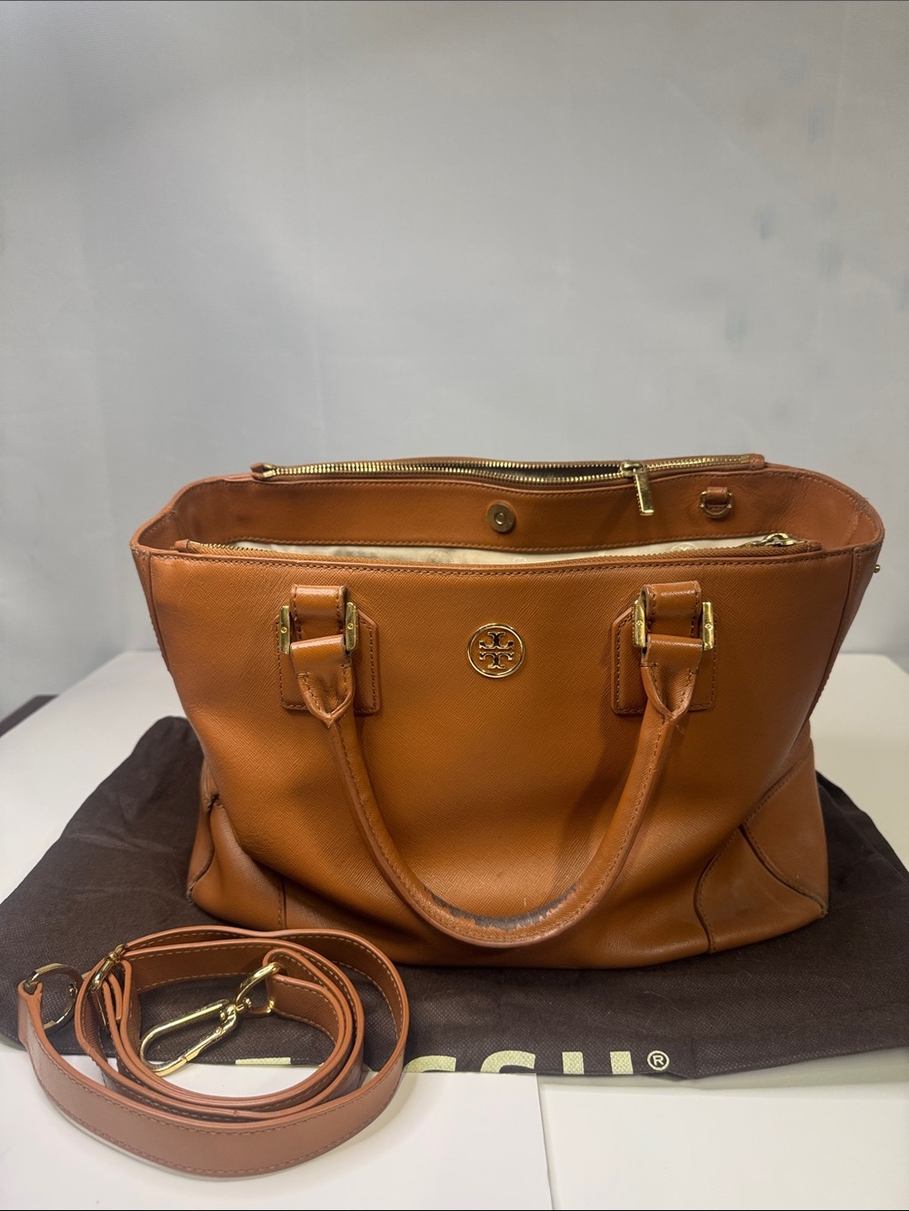 Tory Burch Cognac Leather Tote with Gold Hardware